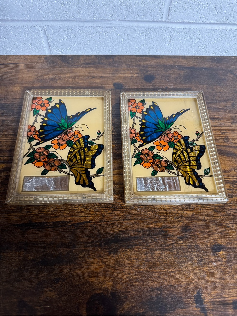 Lot of 2 foil art butterflies lucite frames advertising pieces - read condition
